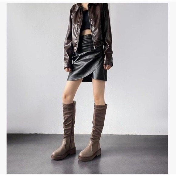 Women's Fashion Thick Heel Riding Boots Grey/brown Side Zipper Durable Size 9 - Picture 17 of 17